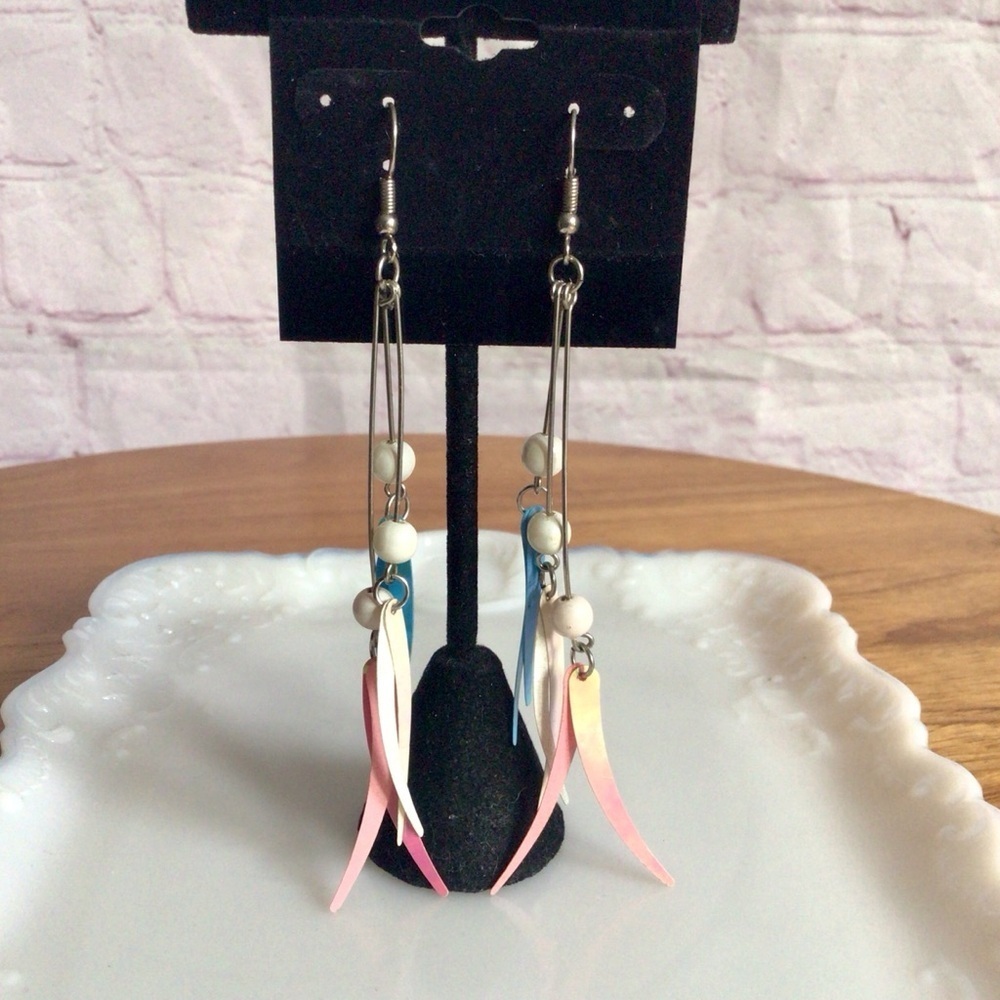 Bohemian Pink and Blue Dangle  Earrings with Beaded Accents - Picture 2 of 3